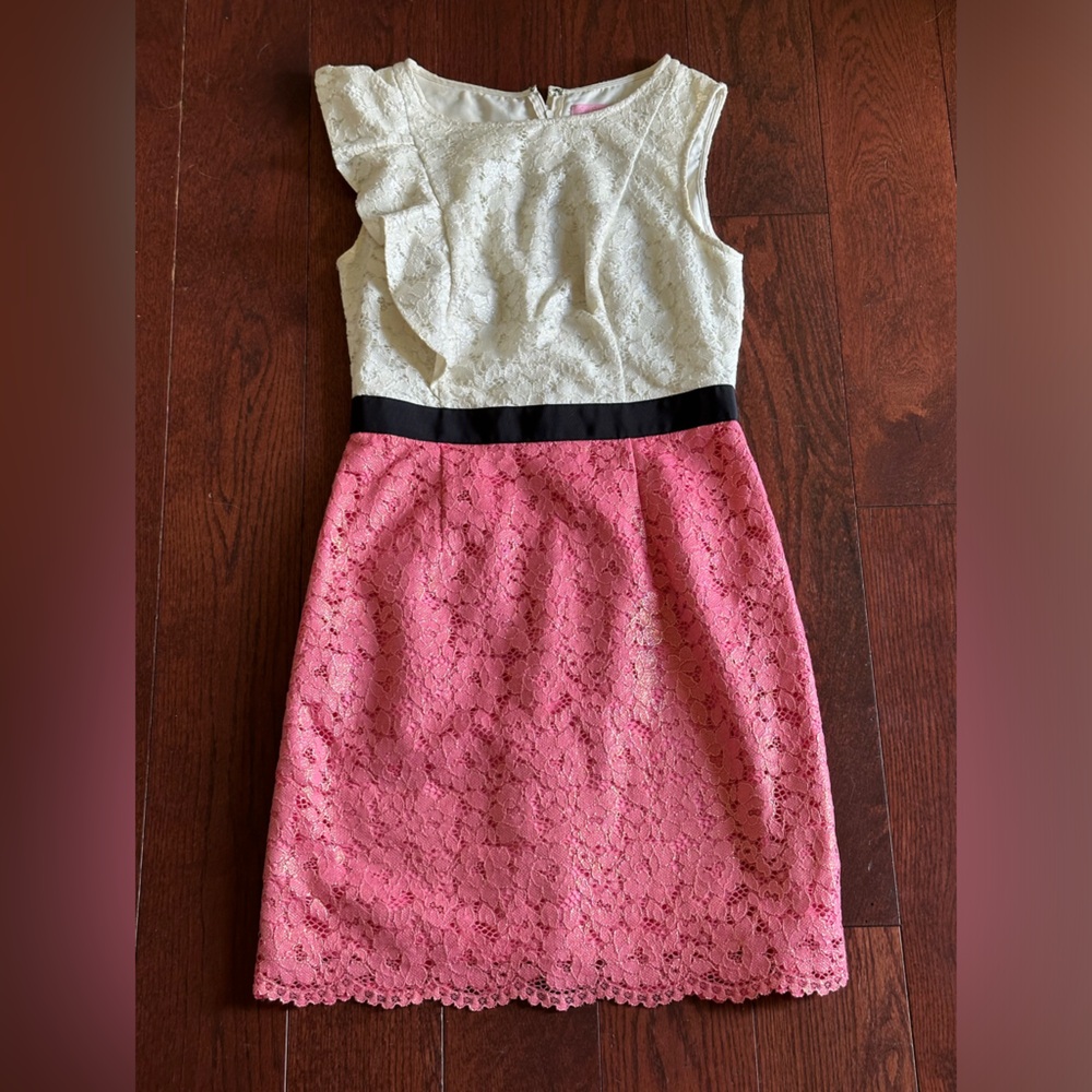Lilly Pulitzer Pink White Delila Race for the Lace Shimmer Dress